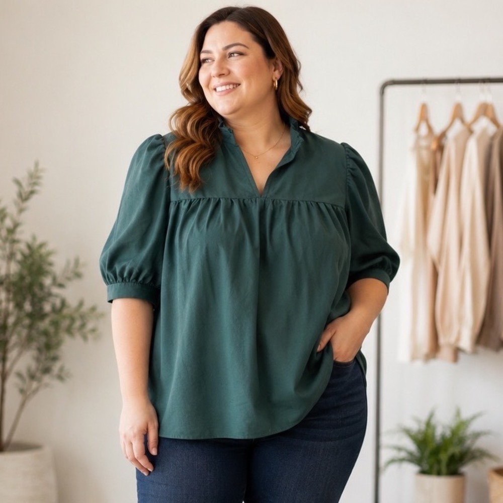 Emerald Green Ruffle Neck Puff Sleeve Blouse Women XL Cottagecore Office Chic